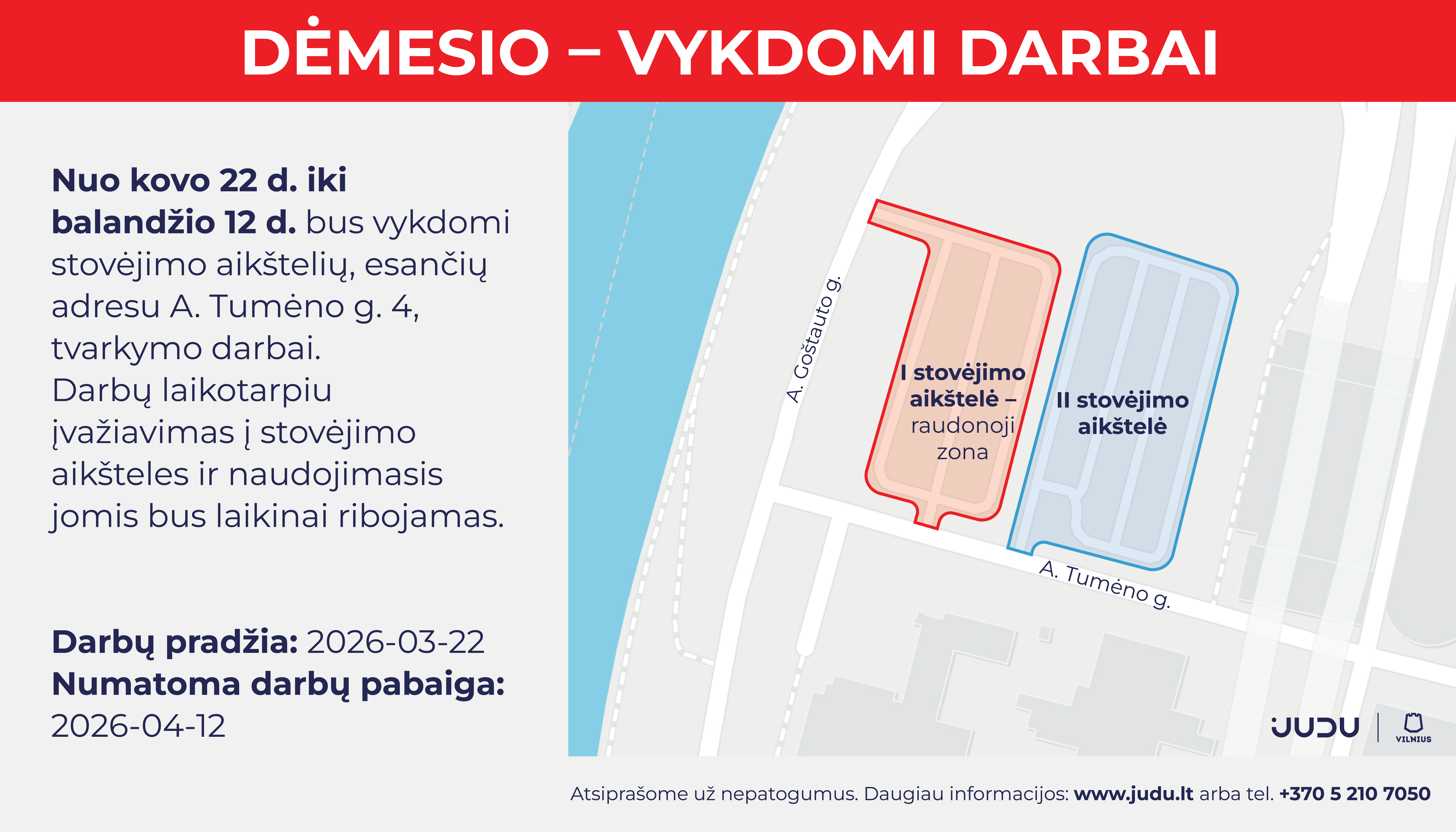 Dėl remonto darbų A. Tumėno gatvėje laikinai uždaromos dvi stovėjimo aikštelės 