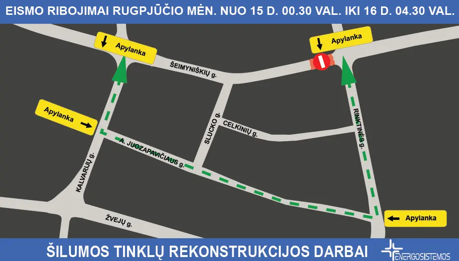 Dėl šilumos tiekimo tinklų rekonstrukcijos nakčiai bus uždaroma Šeimyniškių g. atkarpa